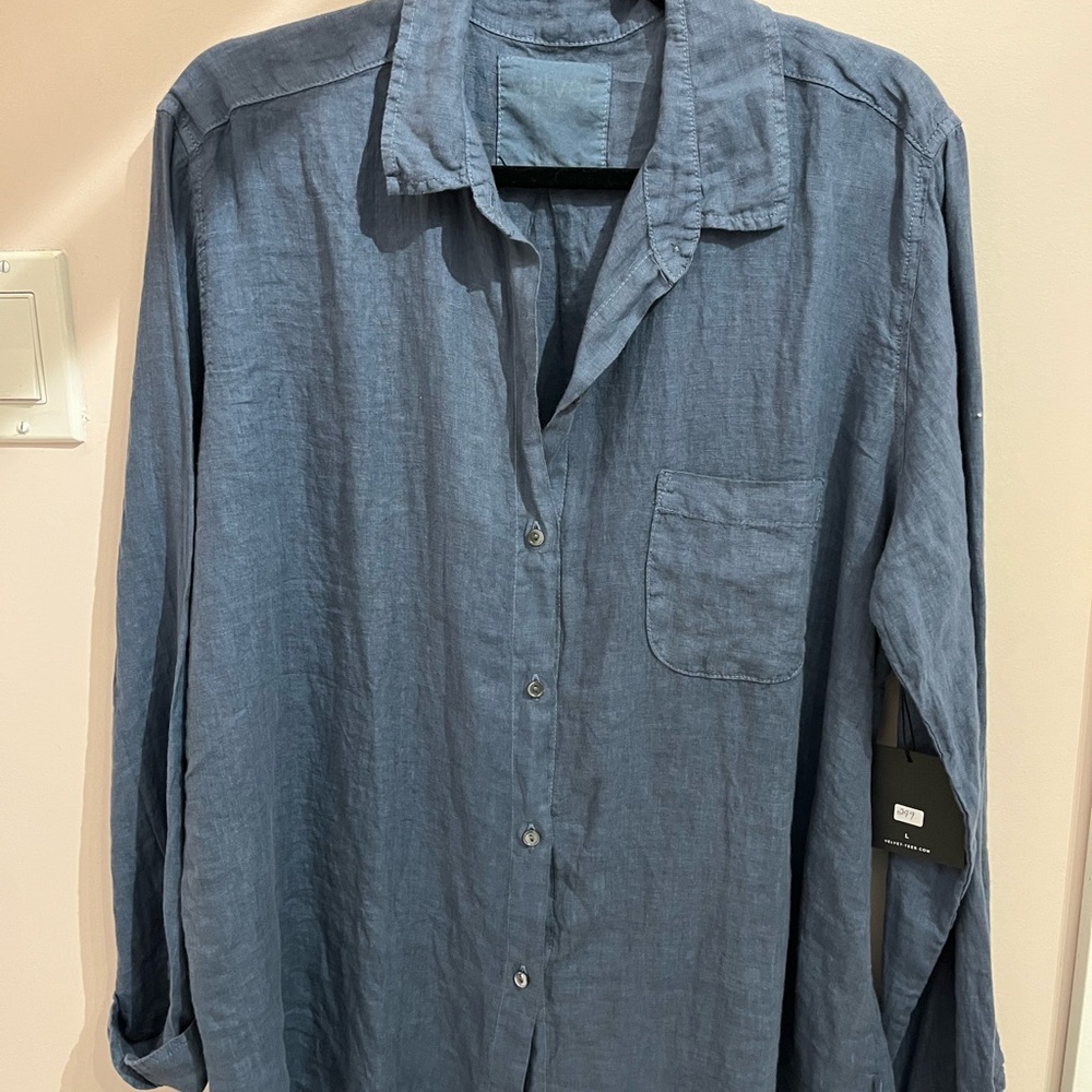 Denim Blue Mulholland Oversized Linen Women's Blouse Velvet by Jenny Graham